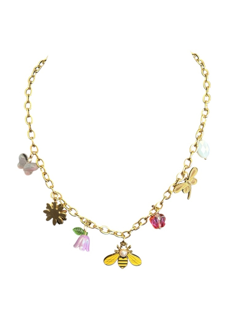 Bee & Floral 18K Gold Plated Stainless Steel Charm Multicolor Necklace